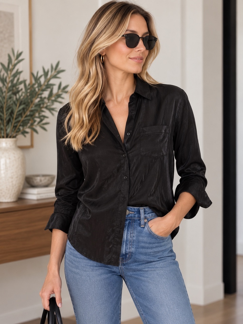 Express The City Shirt Black Button Down Blouse XS